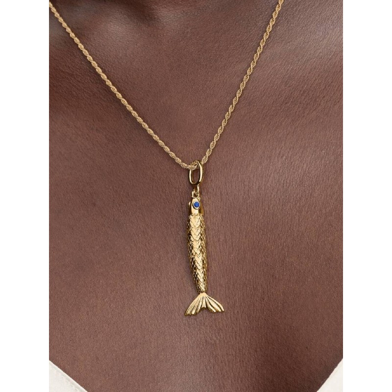 Articulated fish 14k gold-plated dangle with blue enamel