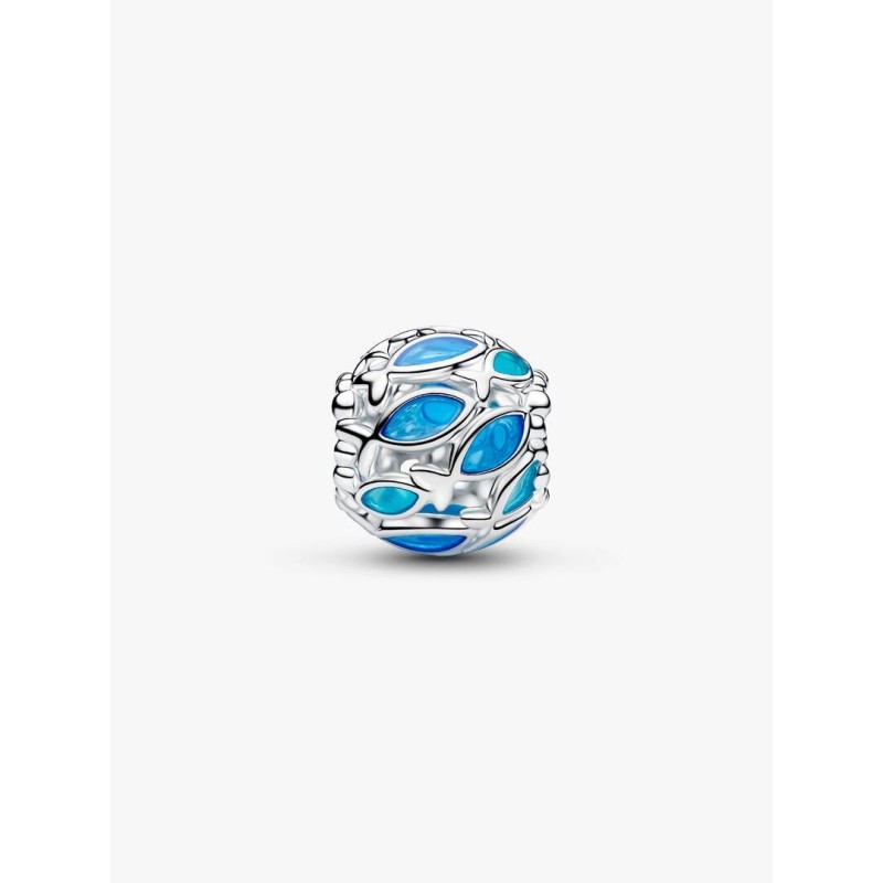 Openwork fish sterling silver charm with transparent blue enamel