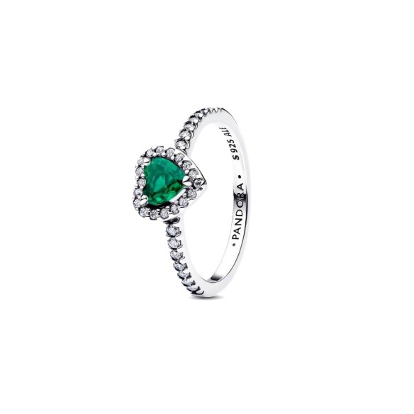 Heart sterling silver ring with royal green crystal and clear cubic zi