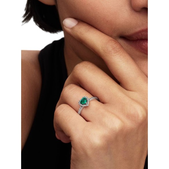 Heart sterling silver ring with royal green crystal and clear cubic zi