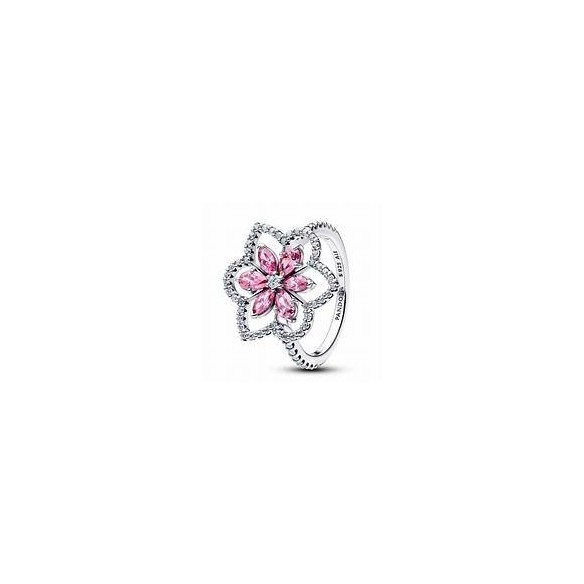 Herbarium cluster sterling silver ring with fancy pink and clear cubic