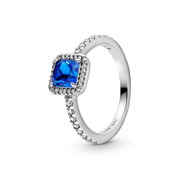 Square sterling silver ring with true blue crystal and clear cubic zir
