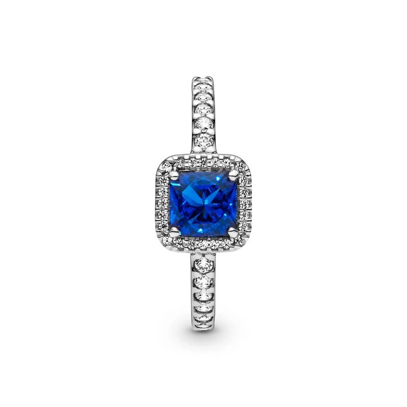 Square sterling silver ring with true blue crystal and clear cubic zir