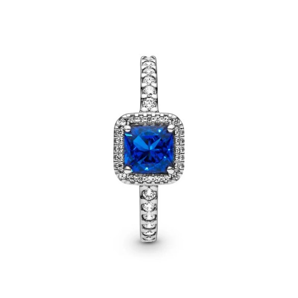 Square sterling silver ring with true blue crystal and clear cubic zir