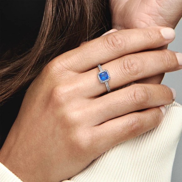 Square sterling silver ring with true blue crystal and clear cubic zir