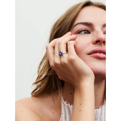 Herbarium cluster sterling silver ring with princess blue crystal and 2