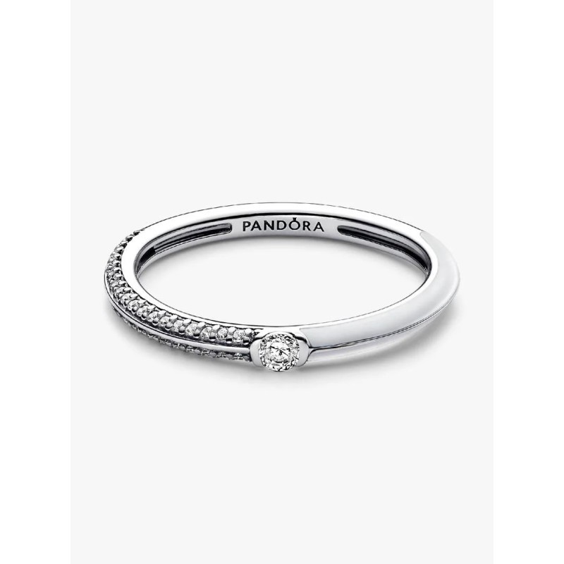 Sterling silver ring with white enamel and clear cubic zirconia