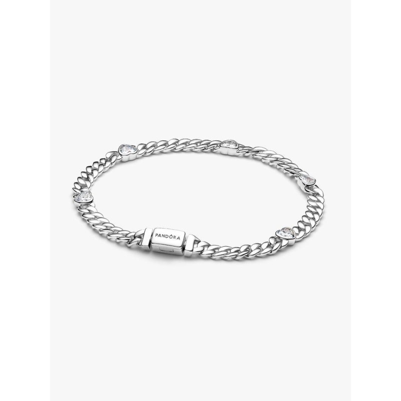 Heart cuban chain sterling silver bracelet with clear cubic zirconia