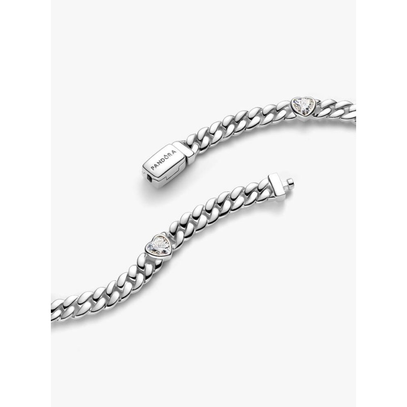 Heart cuban chain sterling silver bracelet with clear cubic zirconia