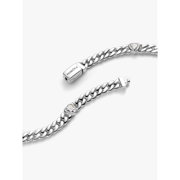 Heart cuban chain sterling silver bracelet with clear cubic zirconia