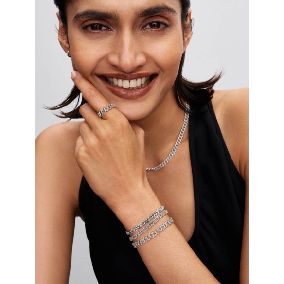 Heart cuban chain sterling silver bracelet with clear cubic zirconia