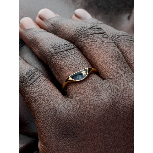 Halved signet 14k gold-plated ring with clear cubic zirconia and glitt