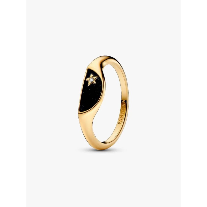 Halved signet 14k gold-plated ring with clear cubic zirconia and glitt