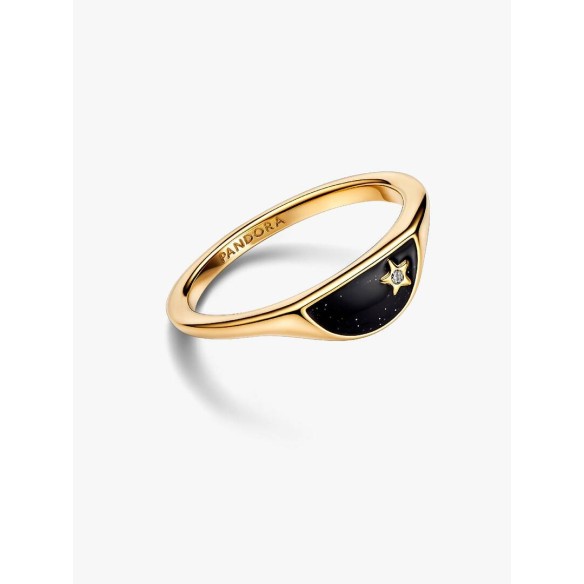 Halved signet 14k gold-plated ring with clear cubic zirconia and glitt