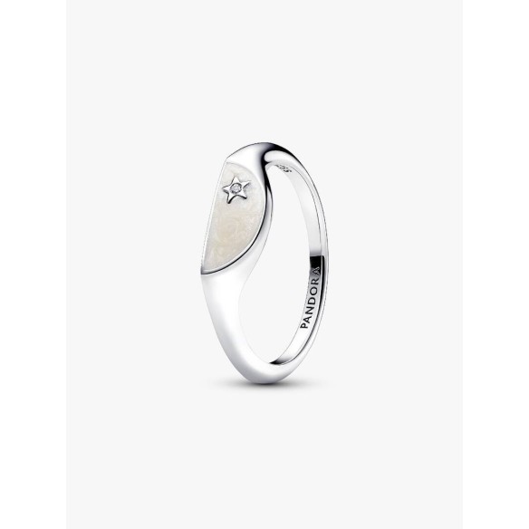 Halved signet sterling silver ring with clear cubic zirconia and shimm