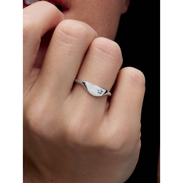 Halved signet sterling silver ring with clear cubic zirconia and shimm
