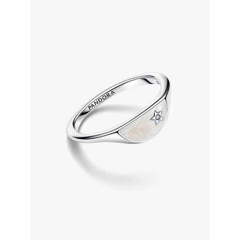 Halved signet sterling silver ring with clear cubic zirconia and shimm