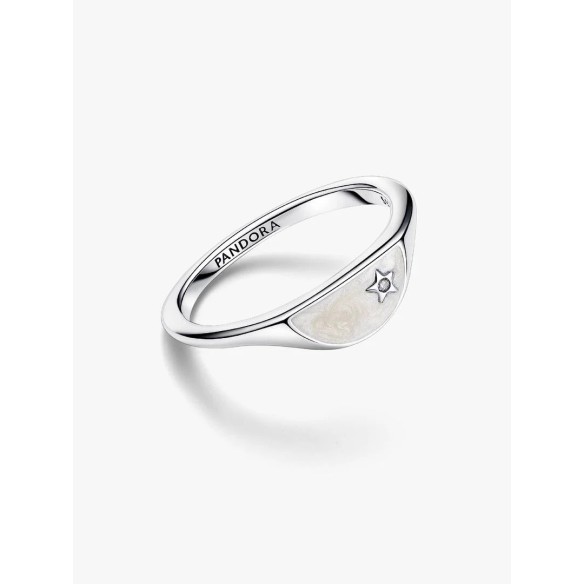 Halved signet sterling silver ring with clear cubic zirconia and shimm