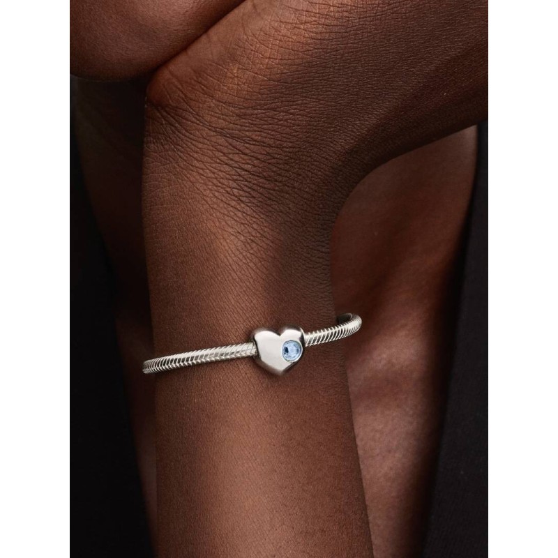 Engravable heart sterling silver charm with sea aqua blue crystal