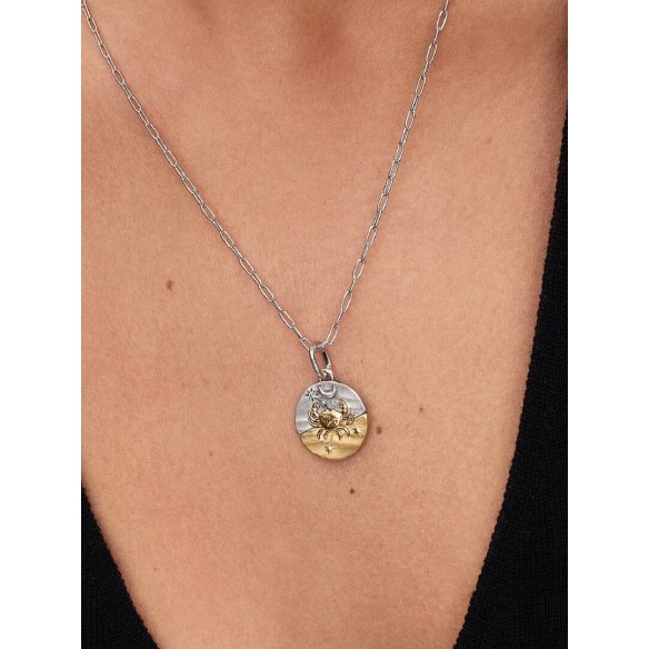 Cancer sterling silver and 14k gold-plated medallion with clear cubic