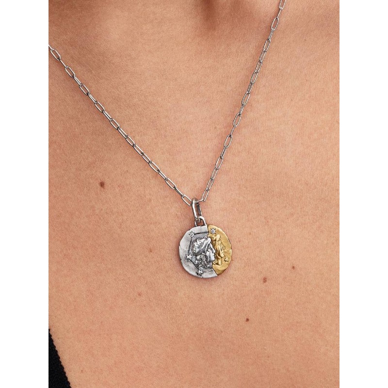 Gemini sterling silver and 14k gold-plated medallion with clear cubic