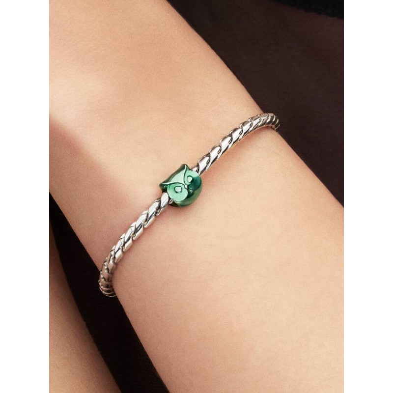 Owl sterling silver mini charm with green enamel