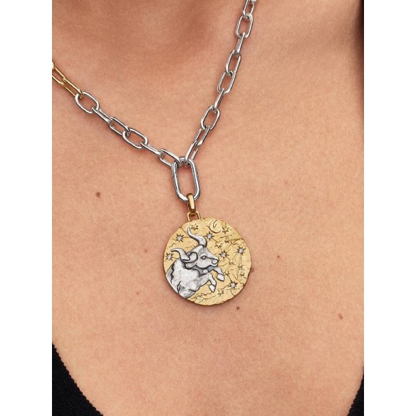 XL Taurus sterling silver and 14k gold-plated medallion with clear cub