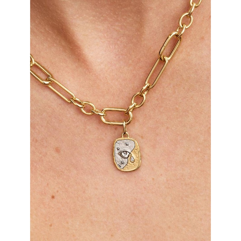 Eye sterling silver and 14k gold-plated medallion with clear cubic zir