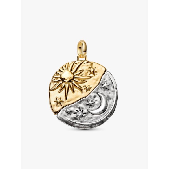 Sun and moon sterling silver and 14k gold-plated medallion with clear
