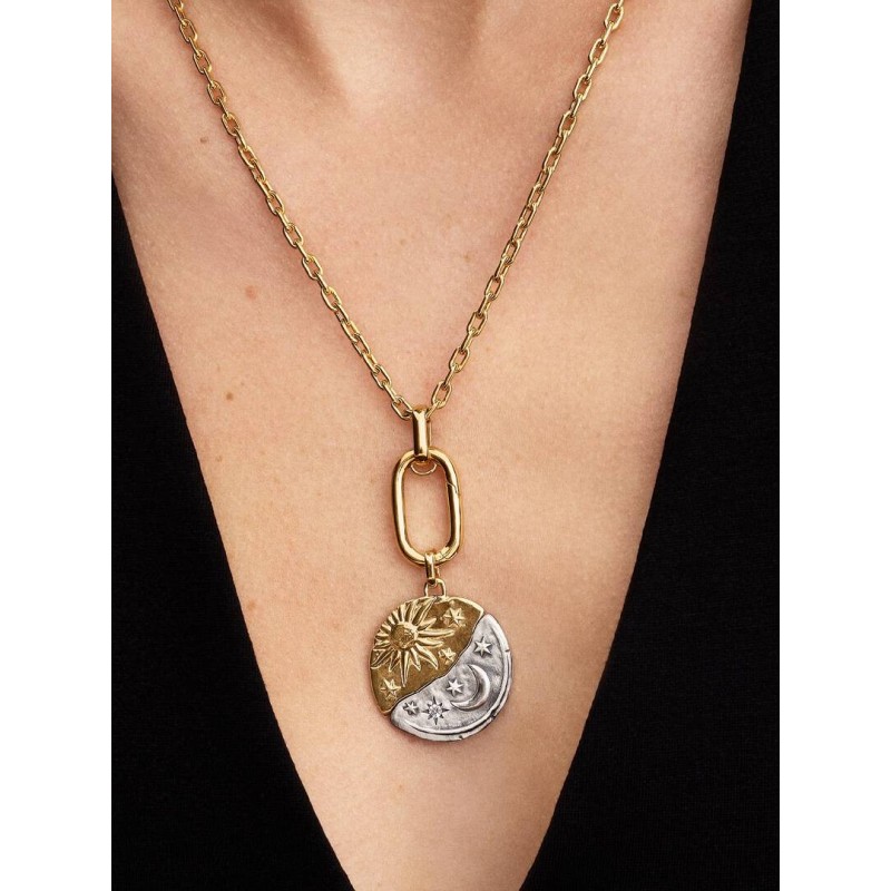 Sun and moon sterling silver and 14k gold-plated medallion with clear