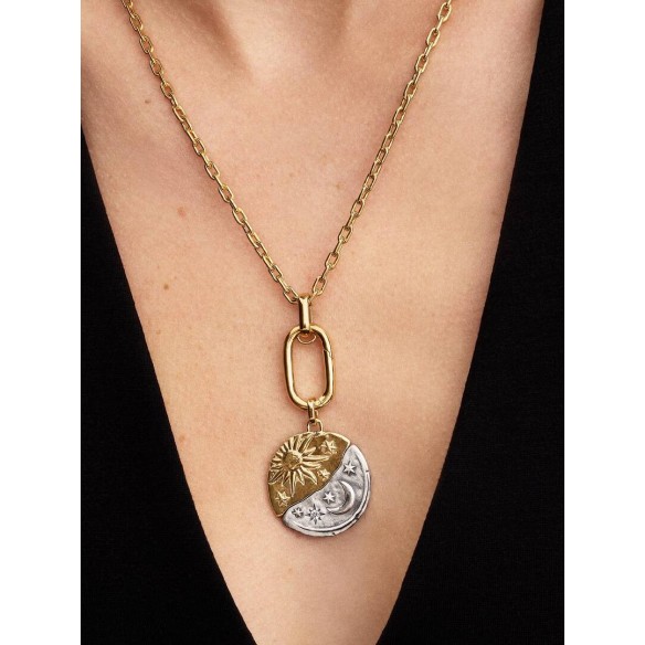 Sun and moon sterling silver and 14k gold-plated medallion with clear