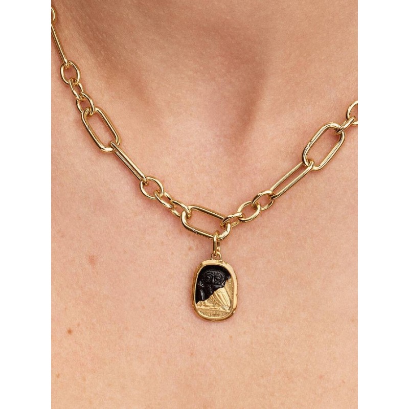 Owl 14k gold-plated medallion with black crystal