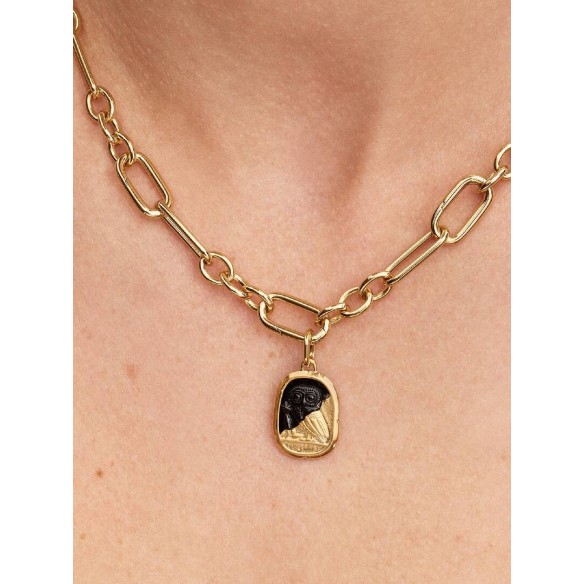 Owl 14k gold-plated medallion with black crystal