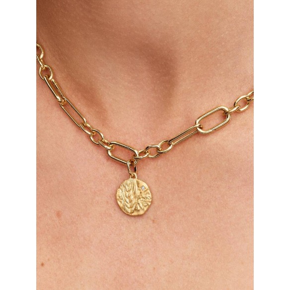 Wheat 14k gold-plated medallion with clear cubic zirconia
