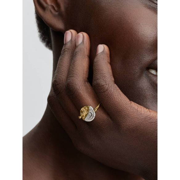 Sun and moon sterling silver and 14k gold-plated spinnable ring with c