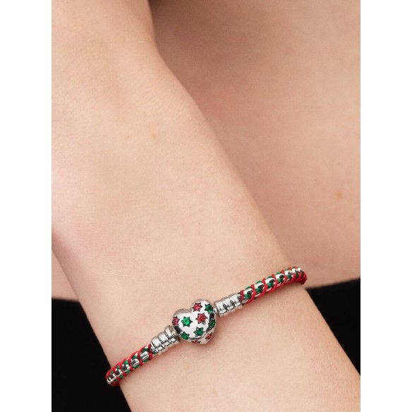 Braided sterling silver box chain bracelet with red cubic zirconia, ro