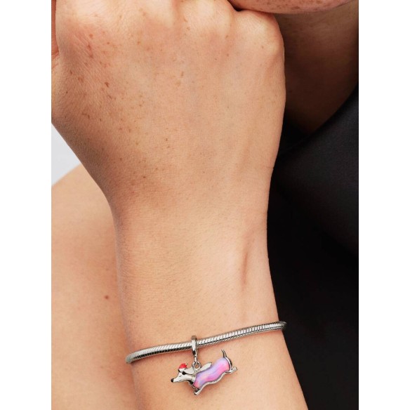 Christmas dachshund platinum-plated dangle with purple lab-created opa