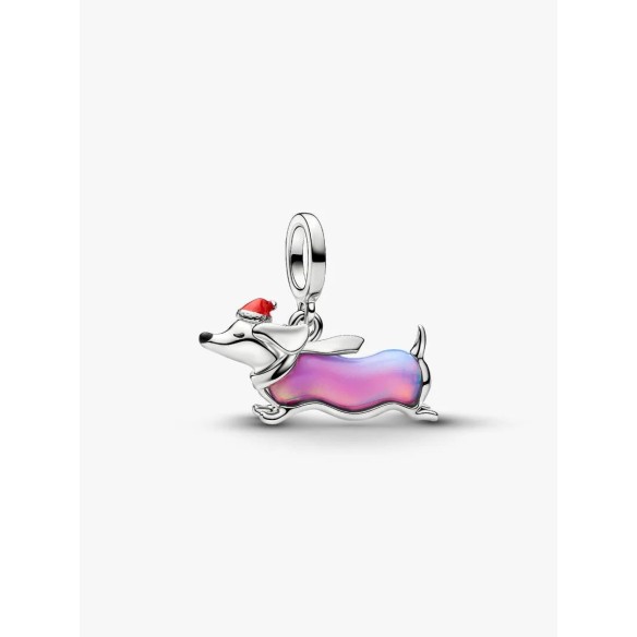 Christmas dachshund platinum-plated dangle with purple lab-created opa