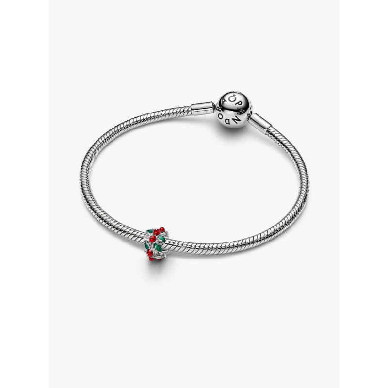 Christmas holly platinum-plated charm with red and green enamel