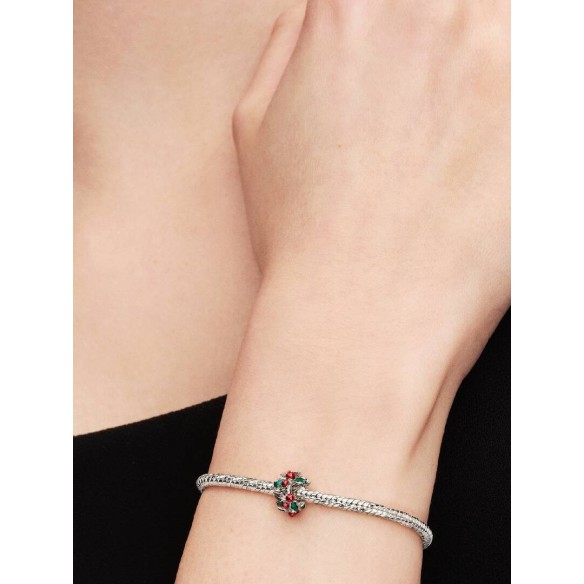 Christmas holly platinum-plated charm with red and green enamel