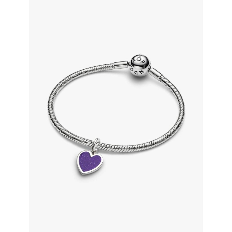 Engravable heart platinum-plated dangle with purple glitter enamel