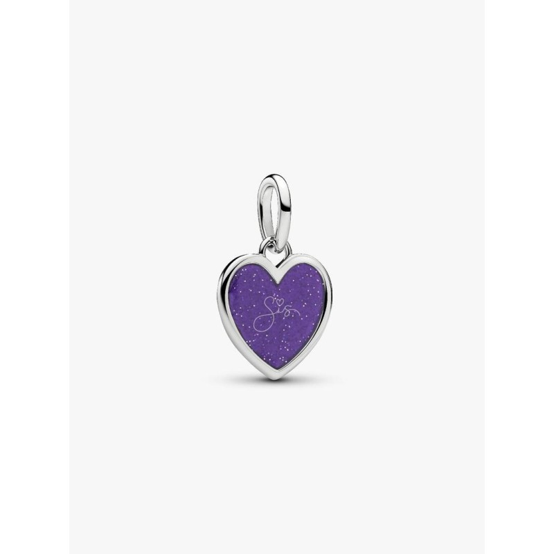 Engravable heart platinum-plated dangle with purple glitter enamel